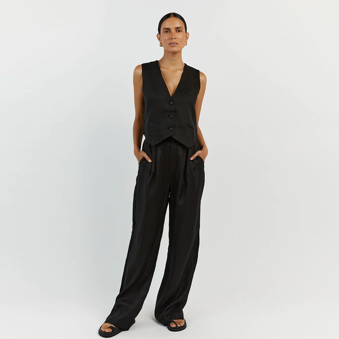 Cotton And Linen Sleeveless Vest And Trousers Two-Piece Set
