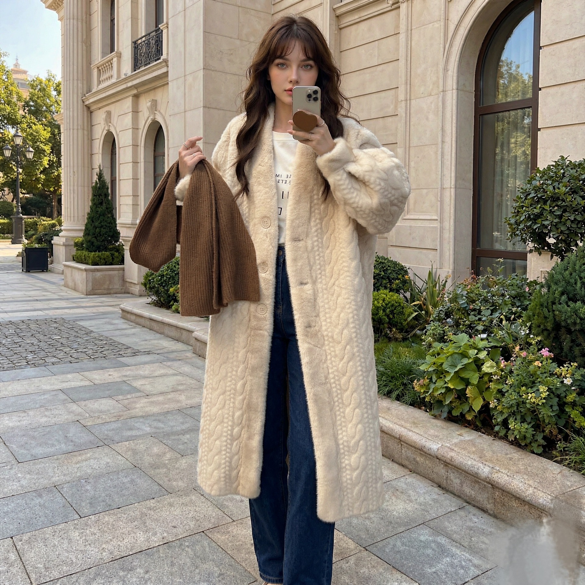 QUEENWAY | Casual Beige V Neck Button Mink Hair Leather And Fur Long Coats