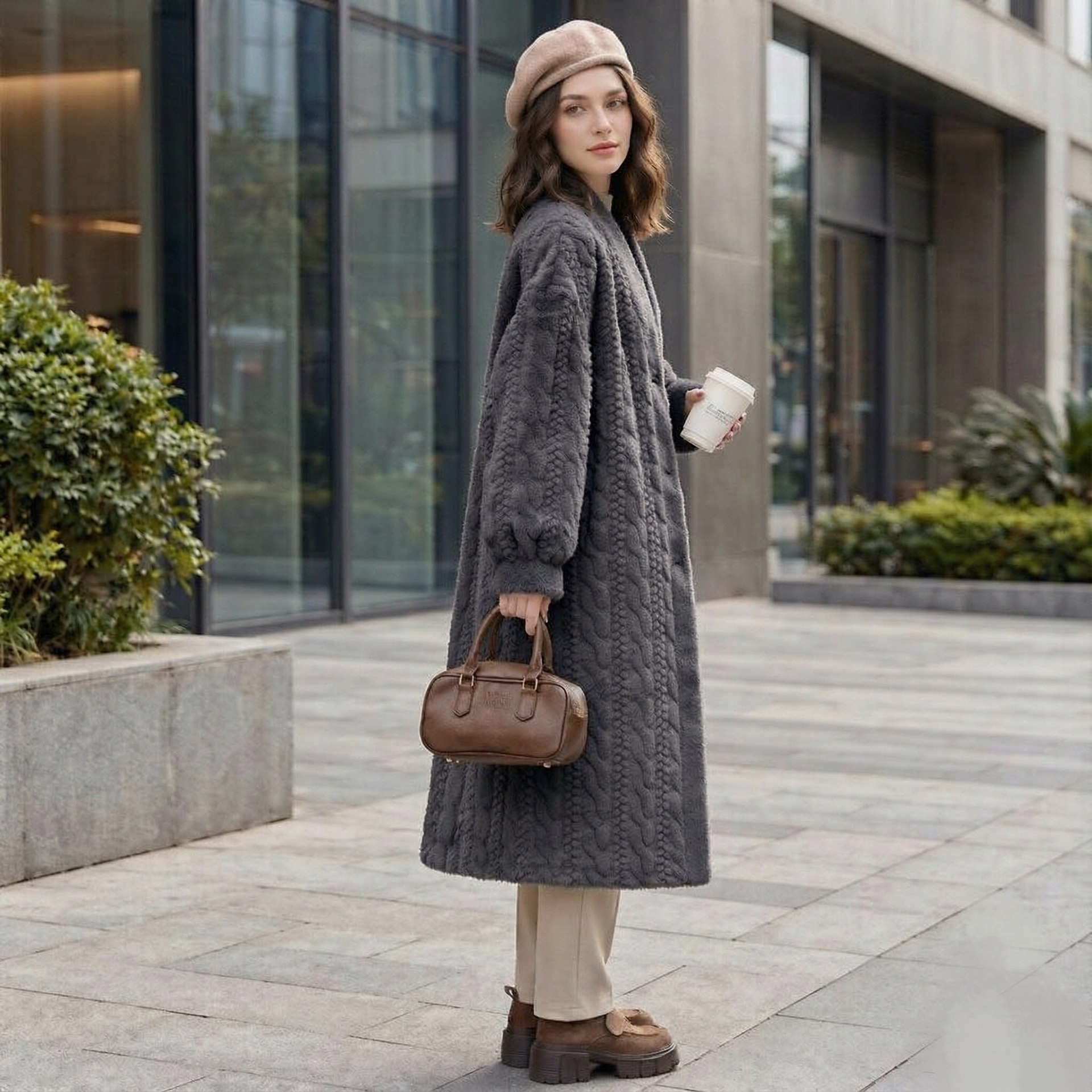 QUEENWAY | Casual Beige V Neck Button Mink Hair Leather And Fur Long Coats