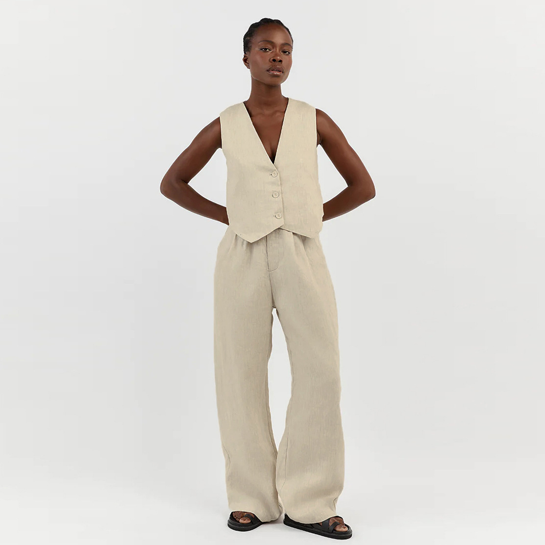 Cotton And Linen Sleeveless Vest And Trousers Two-Piece Set
