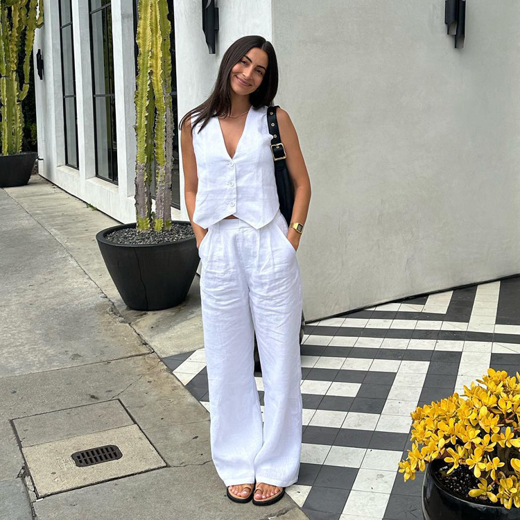 Cotton And Linen Sleeveless Vest And Trousers Two-Piece Set