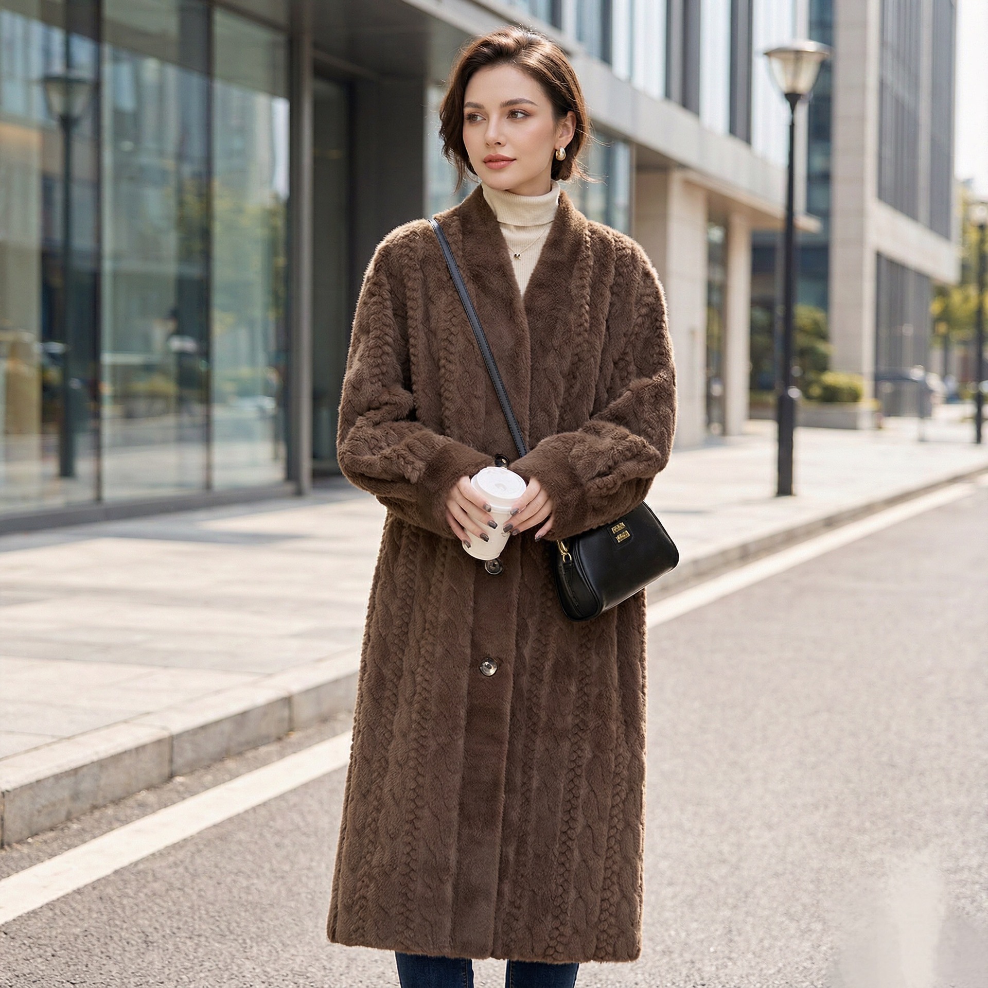 QUEENWAY | Casual Beige V Neck Button Mink Hair Leather And Fur Long Coats