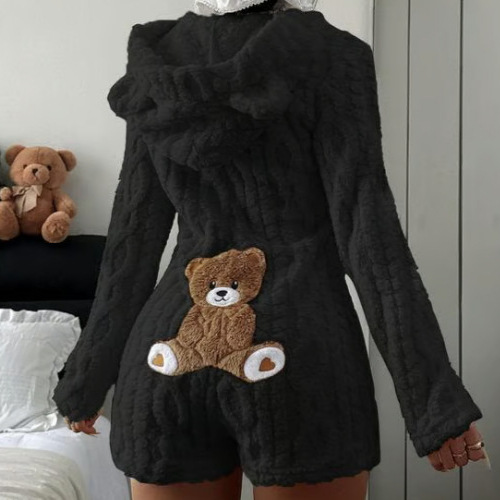 QUEENWAY | Animal Shaped Hooded Teddy Bear Embroidery Plush Women One-Piece Fluffy Romper, For Fall Winter, Cozy