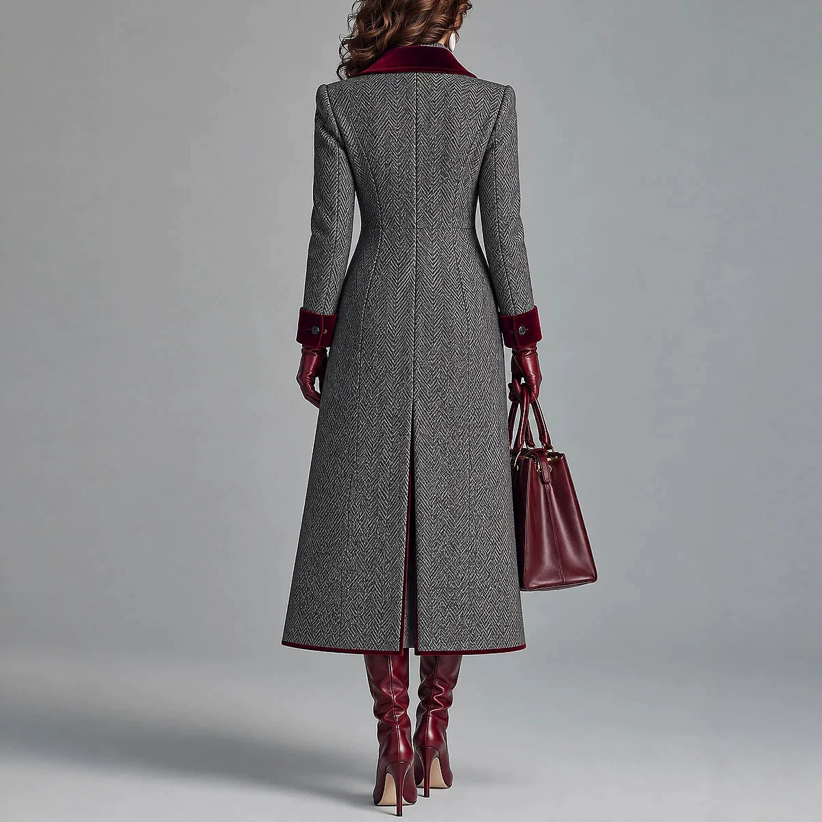QUEENWAY | Elegant Herringbone Wool-blend Long Coat