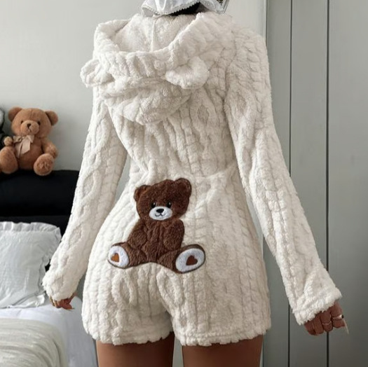 QUEENWAY | Animal Shaped Hooded Teddy Bear Embroidery Plush Women One-Piece Fluffy Romper, For Fall Winter, Cozy