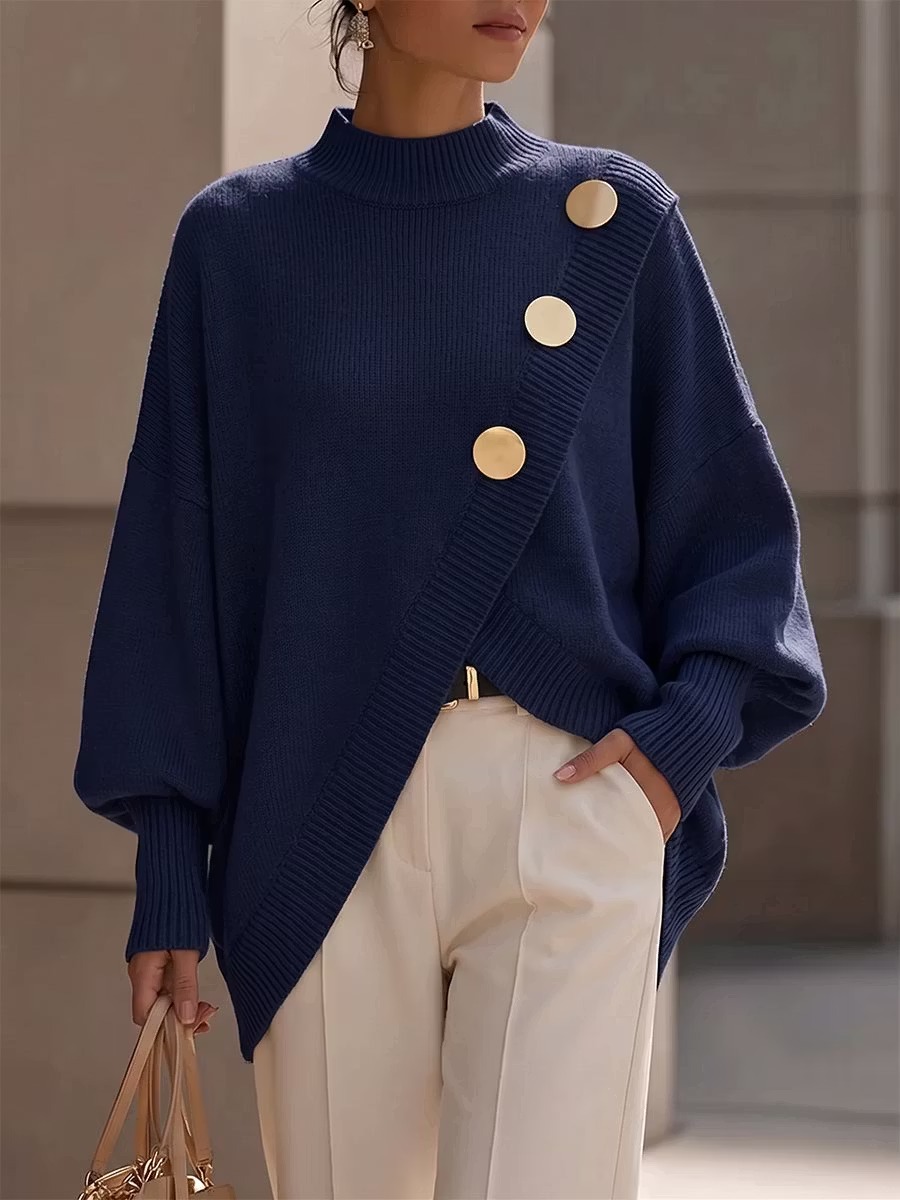 QUEENWAY | Elegant Asymmetrical Gold-Button Knit Sweater