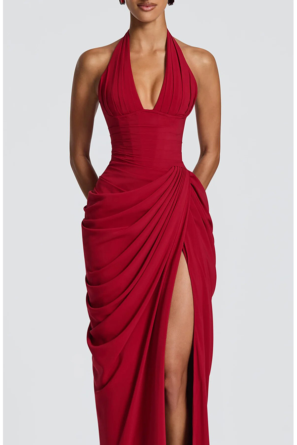 🔥HOT SALE 49% Off🔥Minette Halter Back Lace-up Asymmetrical Pleats Slit Maxi Dress