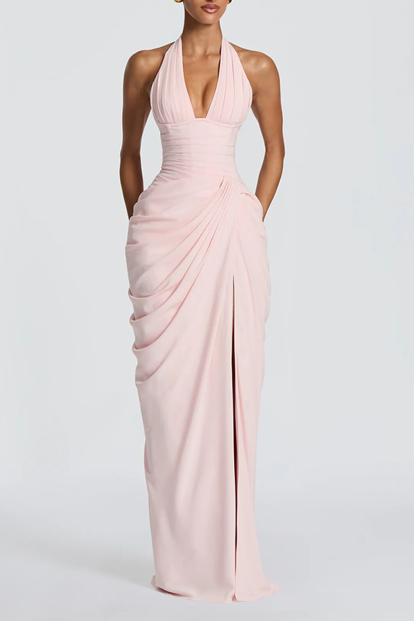 🔥HOT SALE 49% Off🔥Minette Halter Back Lace-up Asymmetrical Pleats Slit Maxi Dress