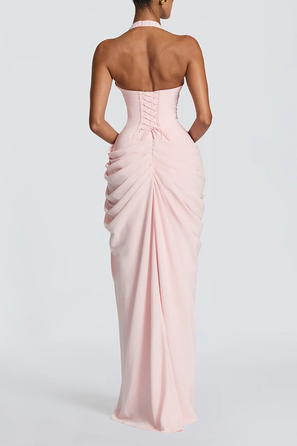 🔥HOT SALE 49% Off🔥Minette Halter Back Lace-up Asymmetrical Pleats Slit Maxi Dress