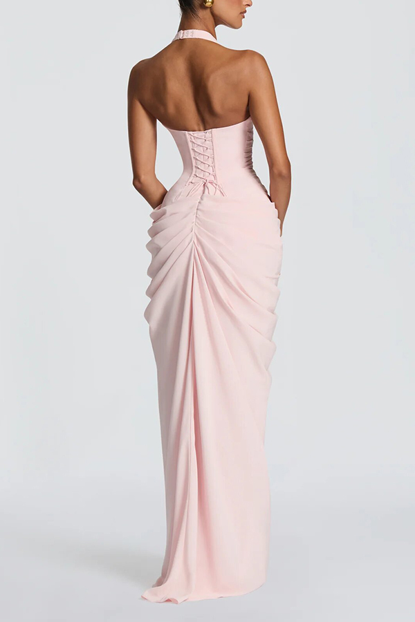 🔥HOT SALE 49% Off🔥Minette Halter Back Lace-up Asymmetrical Pleats Slit Maxi Dress