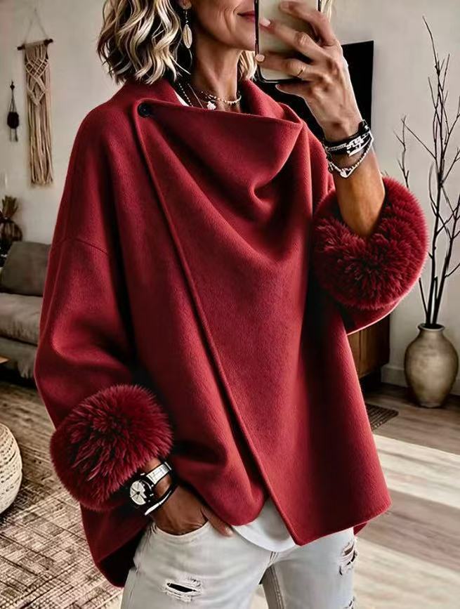 QUEENWAY | Cozy Faux Fur Cuff Asymmetric Wool-Blend Jacket