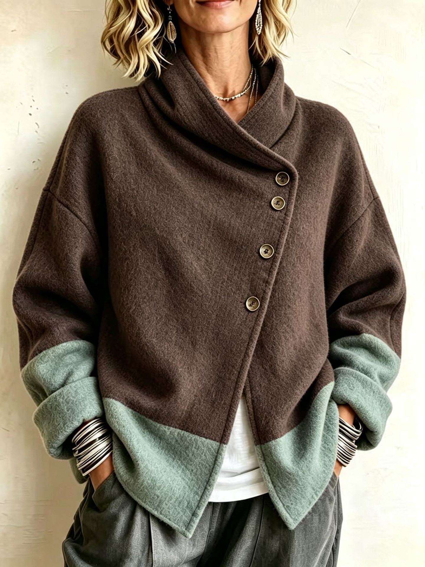 QUEENWAY | Chic Two-tone Wool-blend Asymmetrical Cardigan Jacket
