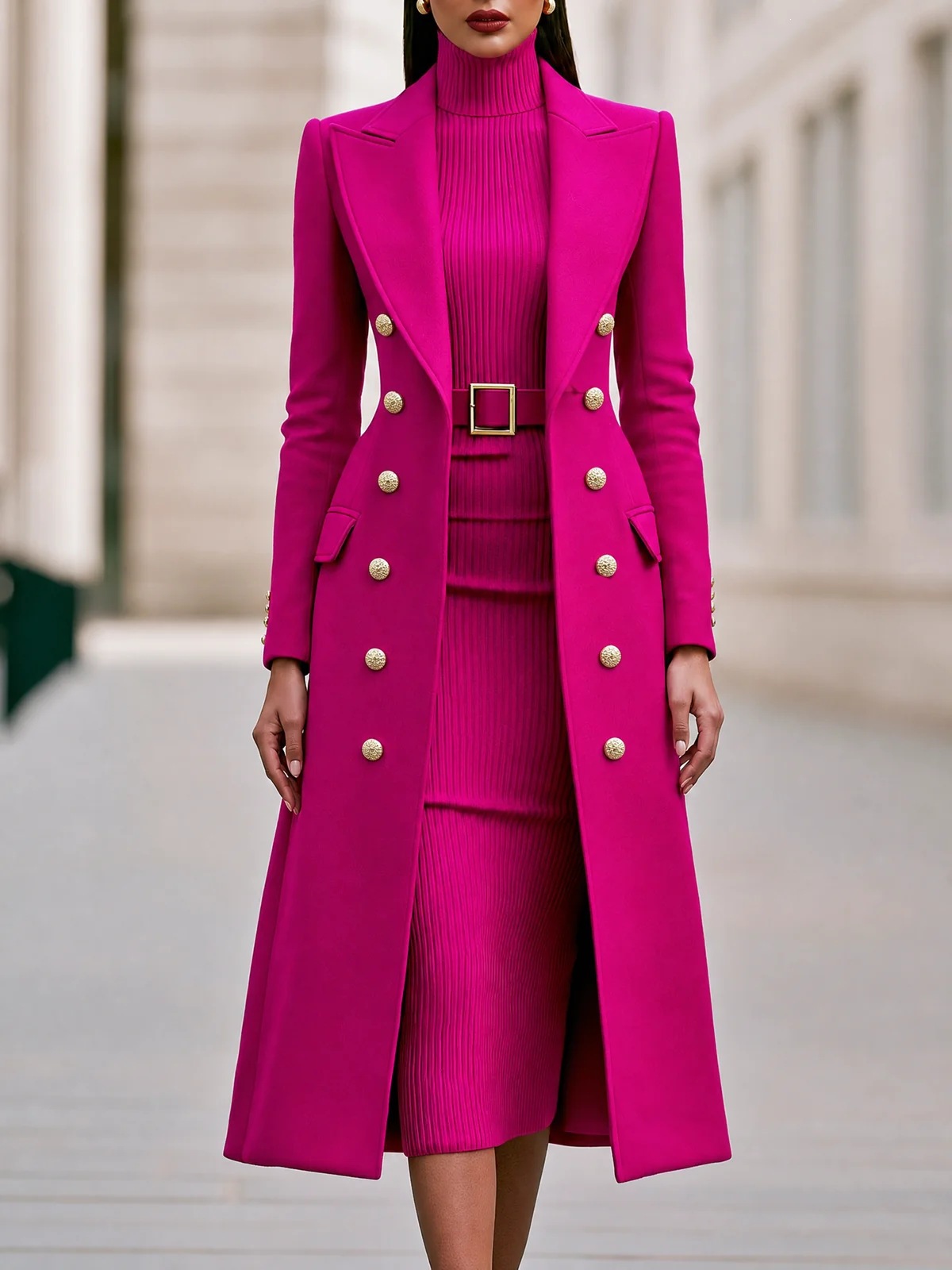 QUEENWAY | Two-Piece Set: Slim-Fit Double-Breasted Wool-Blend Long Coat & Belted Knit Dress