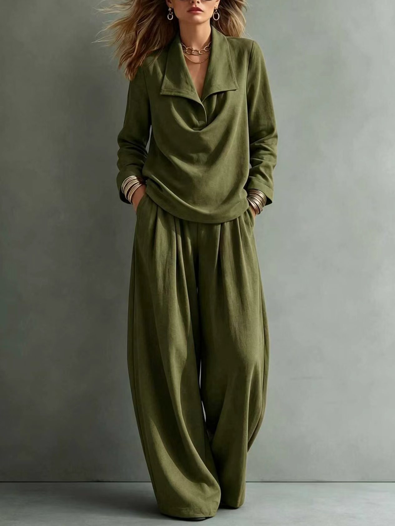 QUEENWAY | 2026 Women's Autumn/Winter New Style Collared Sweatshirt with Pockets and Casual Pants Suit