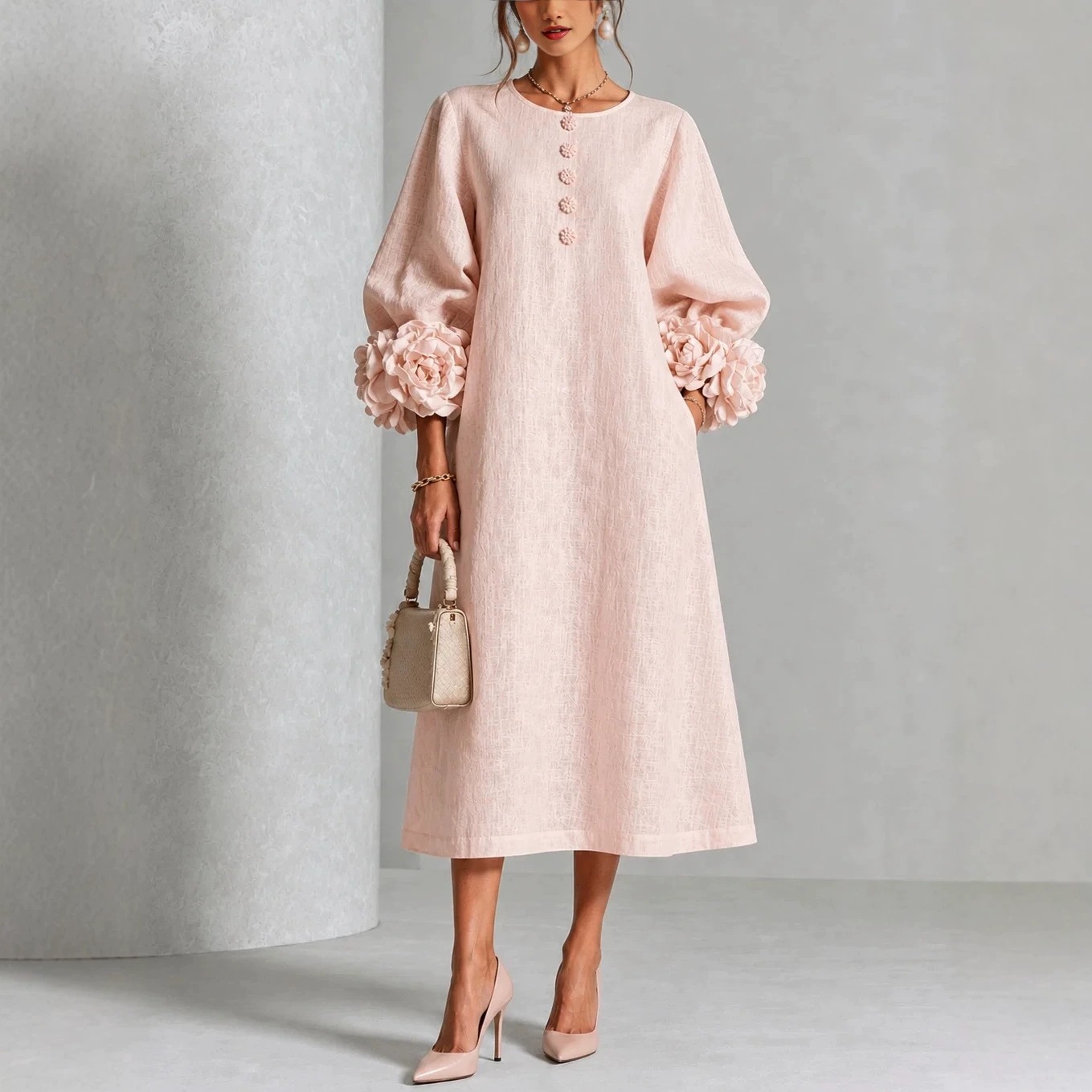 QUEENWAY | Sage Mist Floral Button-down Midi Dress With Striking Floral Cuffs