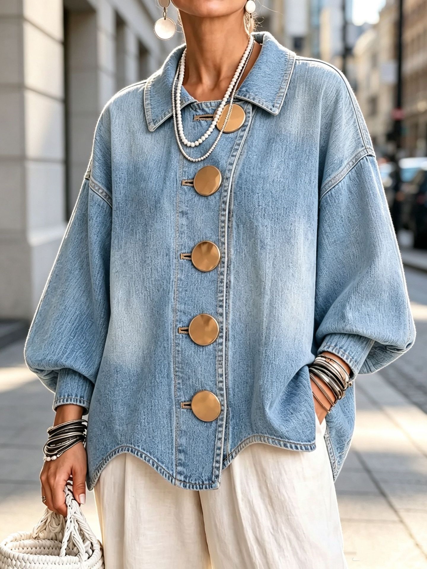QUEENWAY | Collared Oversized Denim Jacket With Large Metal Buttons