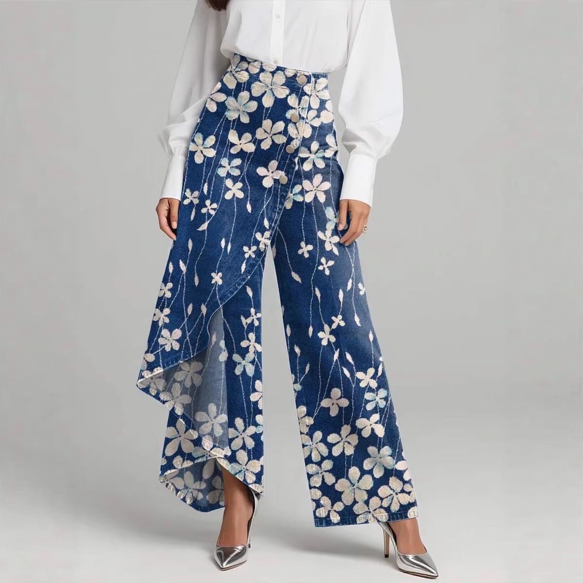 QUEENWAY | Women's Vintage Flower Patterns Print High-waisted Relaxed Fit Wide-leg Jeans With A Stylish Design