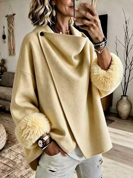 QUEENWAY | Cozy Faux Fur Cuff Asymmetric Wool-Blend Jacket