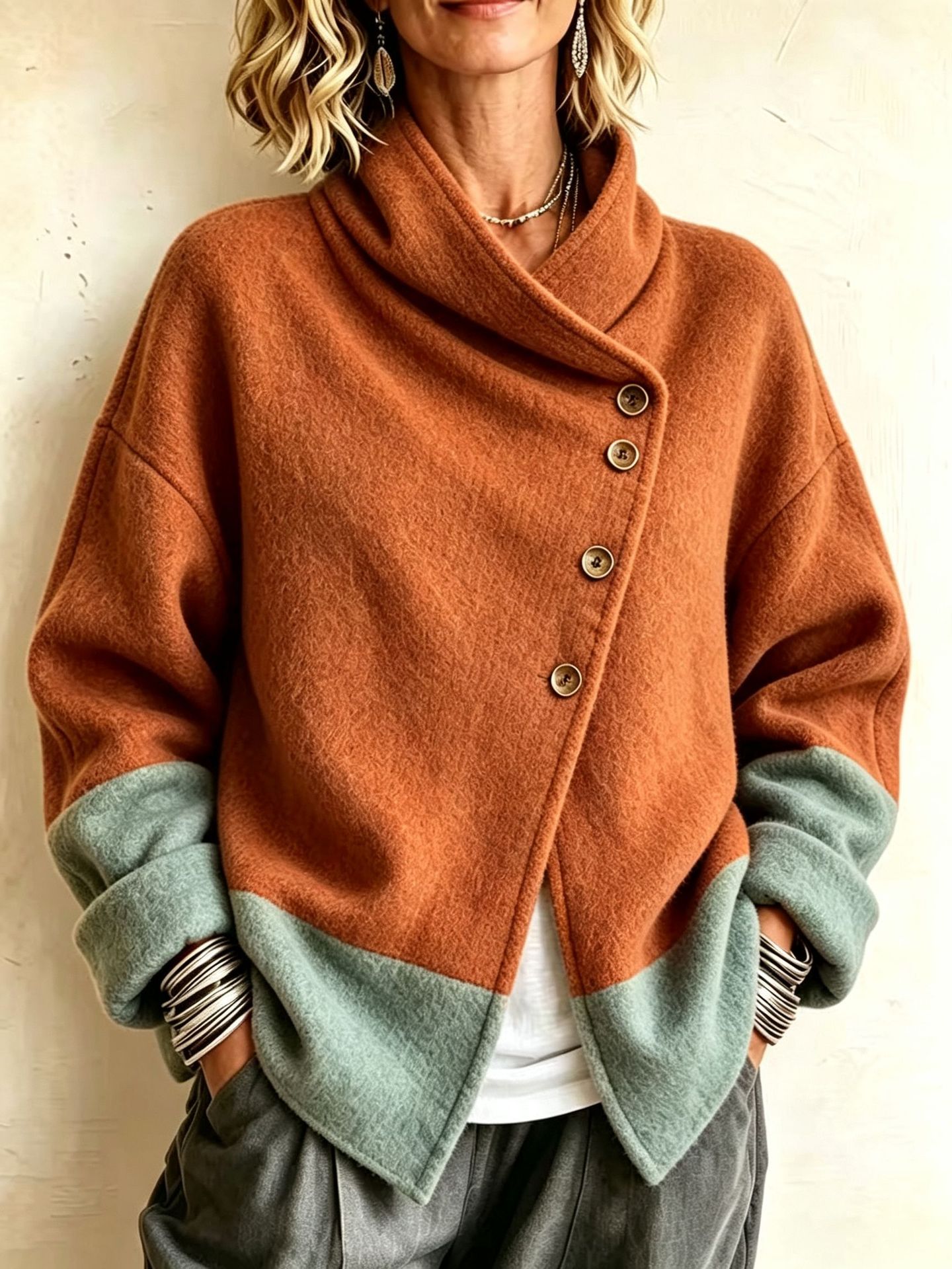 QUEENWAY | Chic Two-tone Wool-blend Asymmetrical Cardigan Jacket