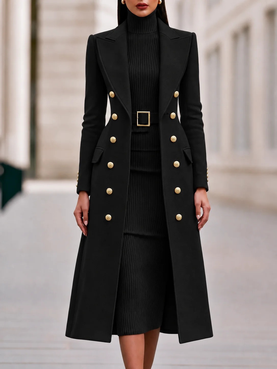 QUEENWAY | Two-Piece Set: Slim-Fit Double-Breasted Wool-Blend Long Coat & Belted Knit Dress