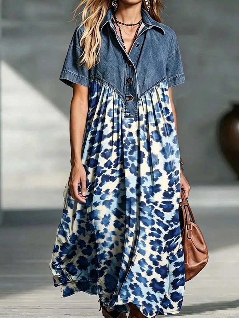 QUEENWAY | Denim Patchwork Loose-Fitting Retro Print Dress