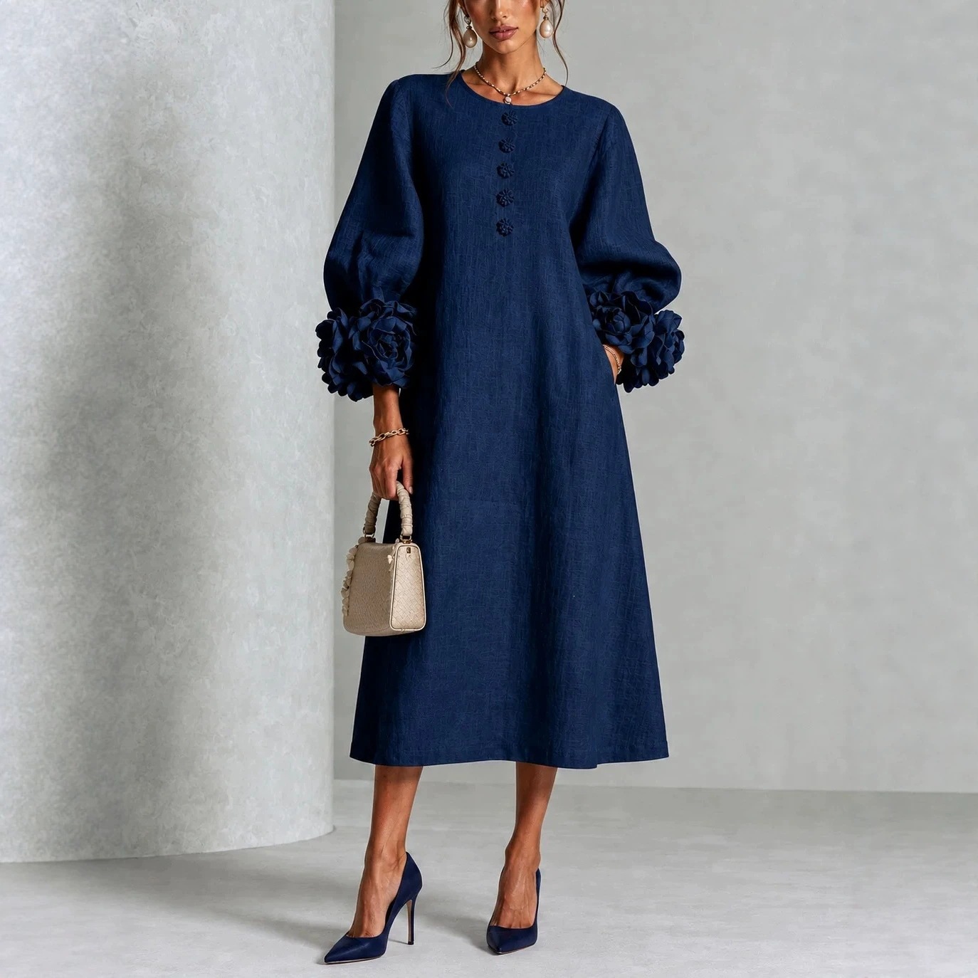 QUEENWAY | Sage Mist Floral Button-down Midi Dress With Striking Floral Cuffs