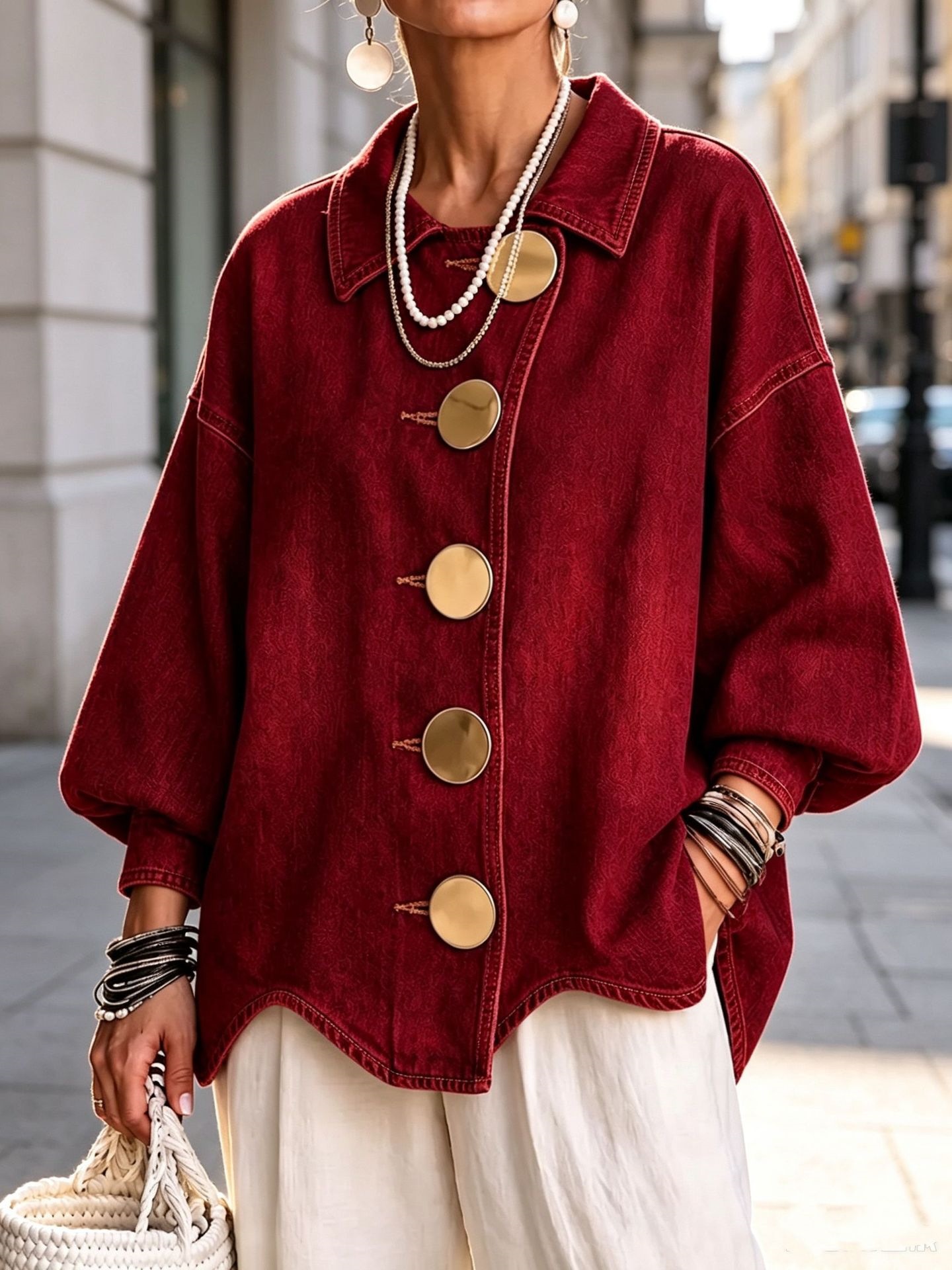 QUEENWAY | Collared Oversized Denim Jacket With Large Metal Buttons