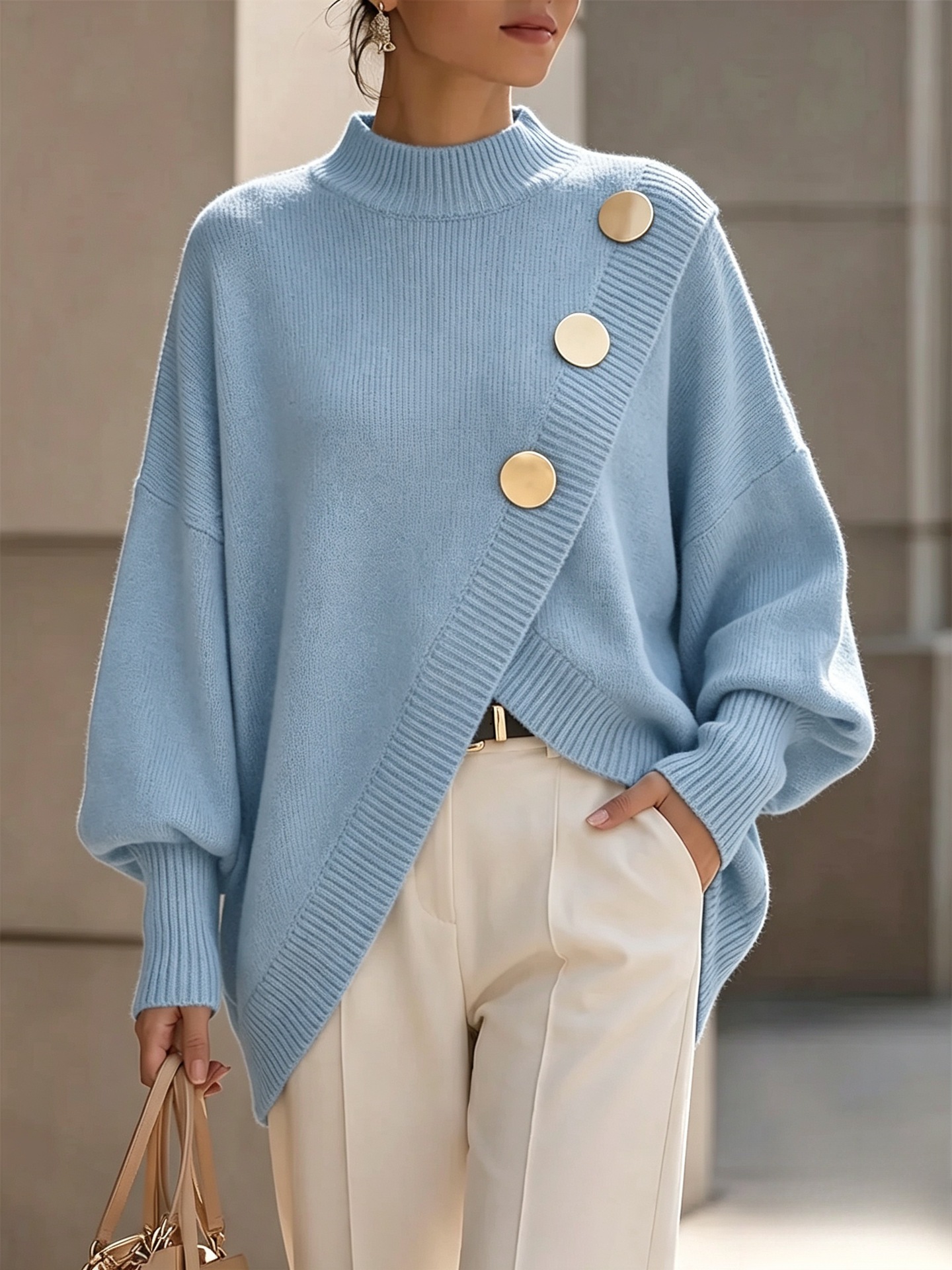 QUEENWAY | Elegant Asymmetrical Gold-Button Knit Sweater