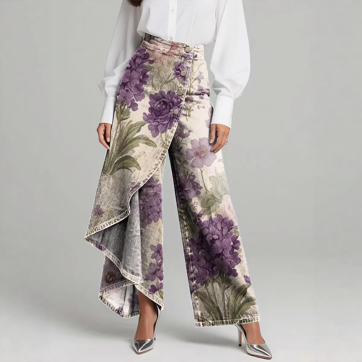 QUEENWAY | Women's Vintage Flower Patterns Print High-waisted Relaxed Fit Wide-leg Jeans With A Stylish Design