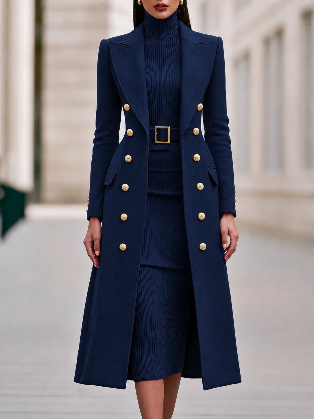 QUEENWAY | Two-Piece Set: Slim-Fit Double-Breasted Wool-Blend Long Coat & Belted Knit Dress