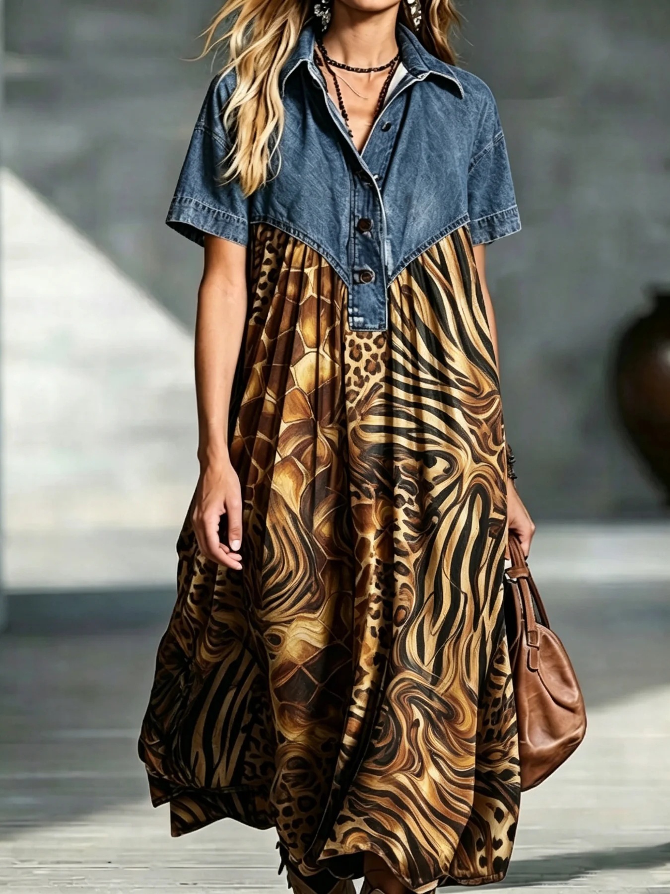 QUEENWAY | Denim Patchwork Loose-Fitting Retro Print Dress