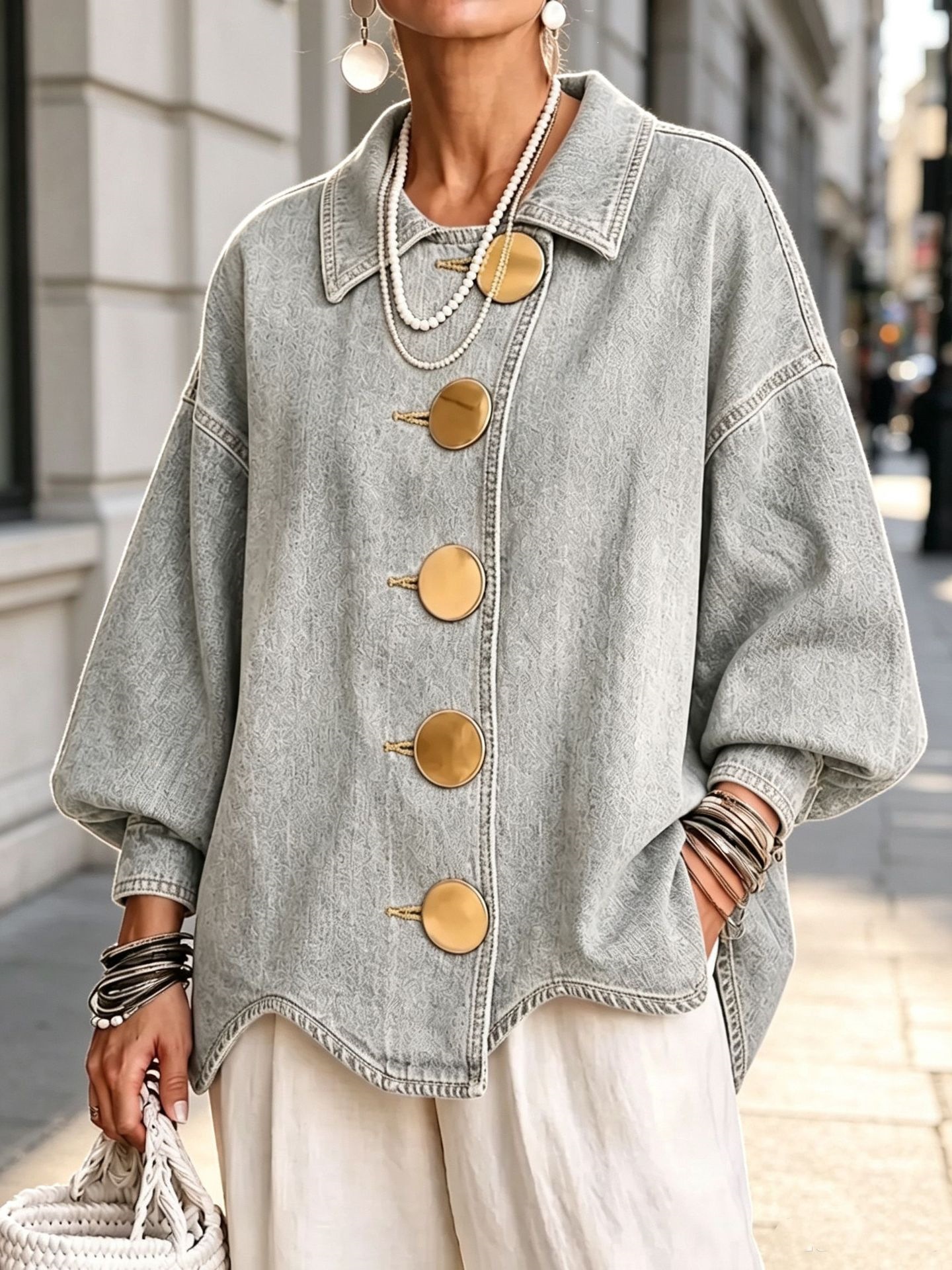 QUEENWAY | Collared Oversized Denim Jacket With Large Metal Buttons