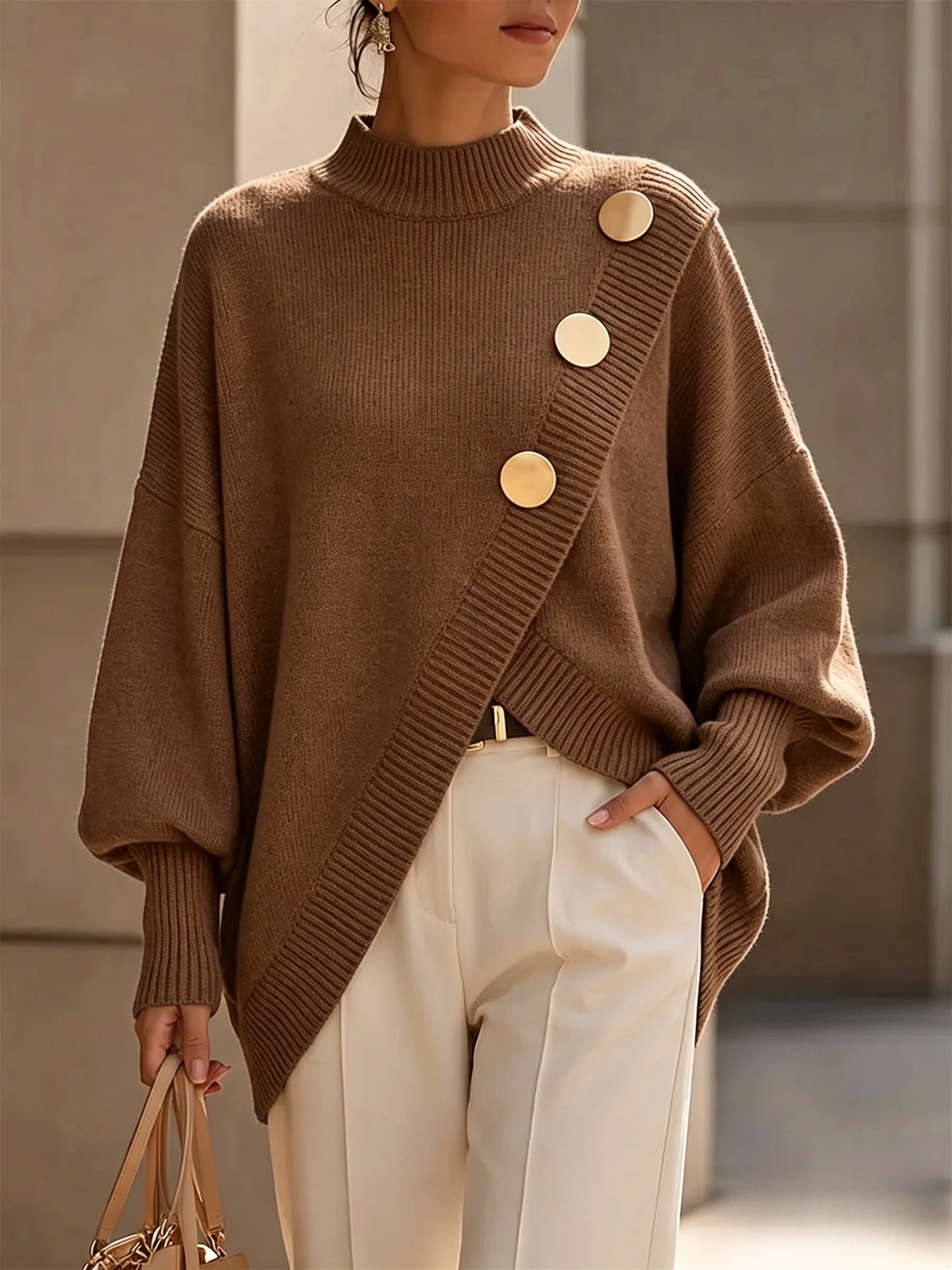 QUEENWAY | Elegant Asymmetrical Gold-Button Knit Sweater