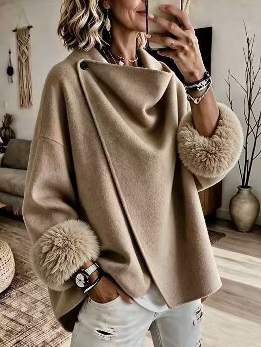 QUEENWAY | Cozy Faux Fur Cuff Asymmetric Wool-Blend Jacket