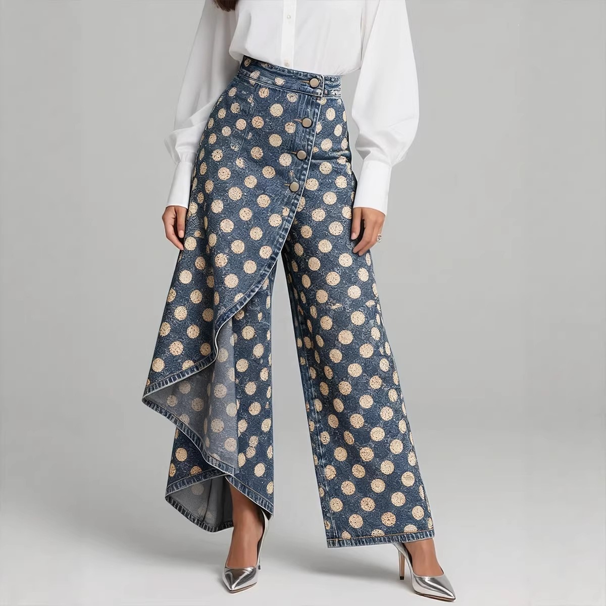 QUEENWAY | Women's Vintage Flower Patterns Print High-waisted Relaxed Fit Wide-leg Jeans With A Stylish Design