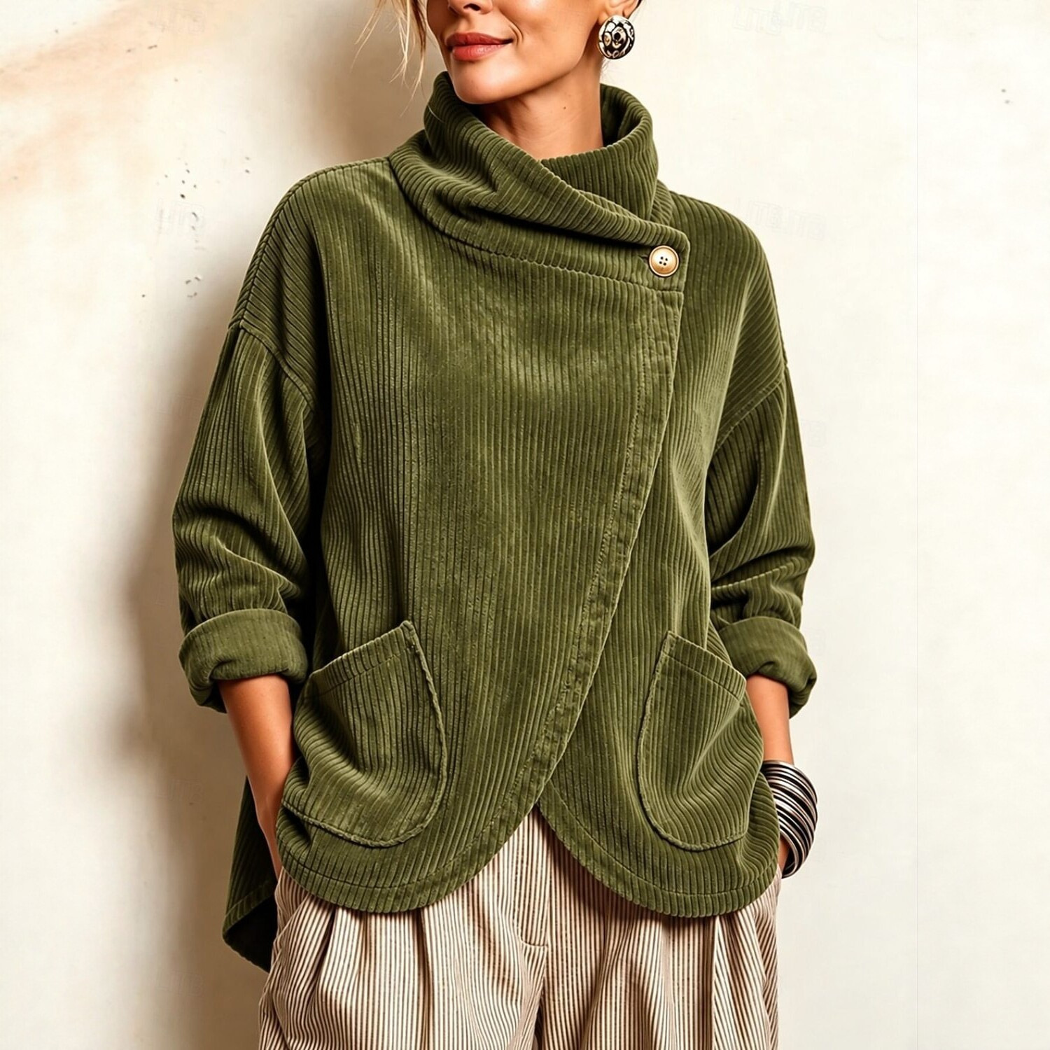 QUEENWAY | Cozy Asymmetric Button-Accented Corduroy Top