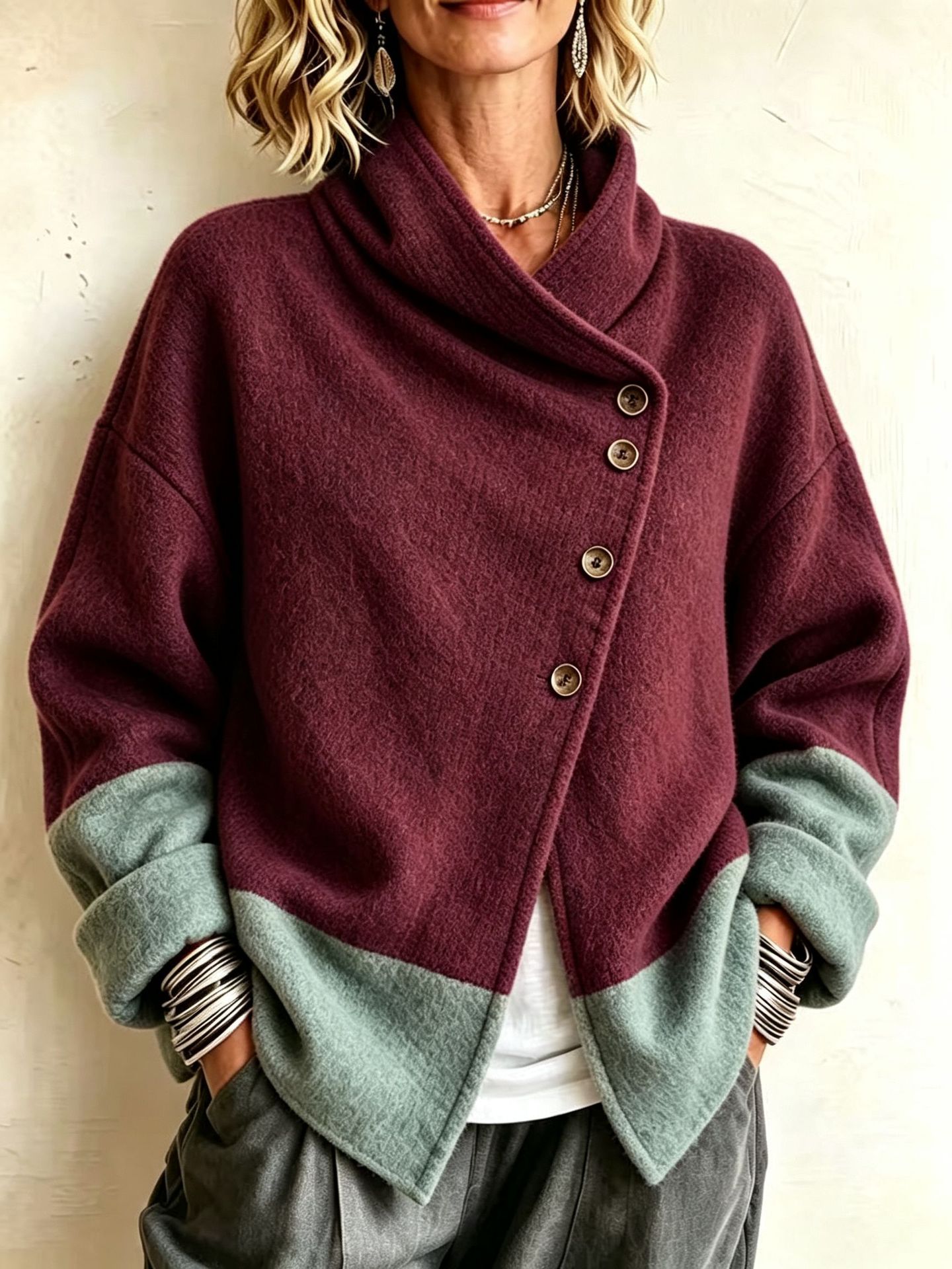 QUEENWAY | Chic Two-tone Wool-blend Asymmetrical Cardigan Jacket