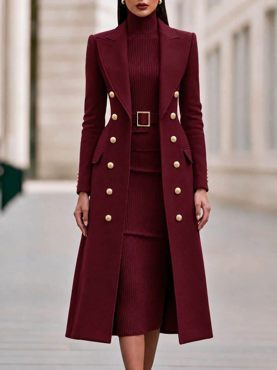 QUEENWAY | Two-Piece Set: Slim-Fit Double-Breasted Wool-Blend Long Coat & Belted Knit Dress