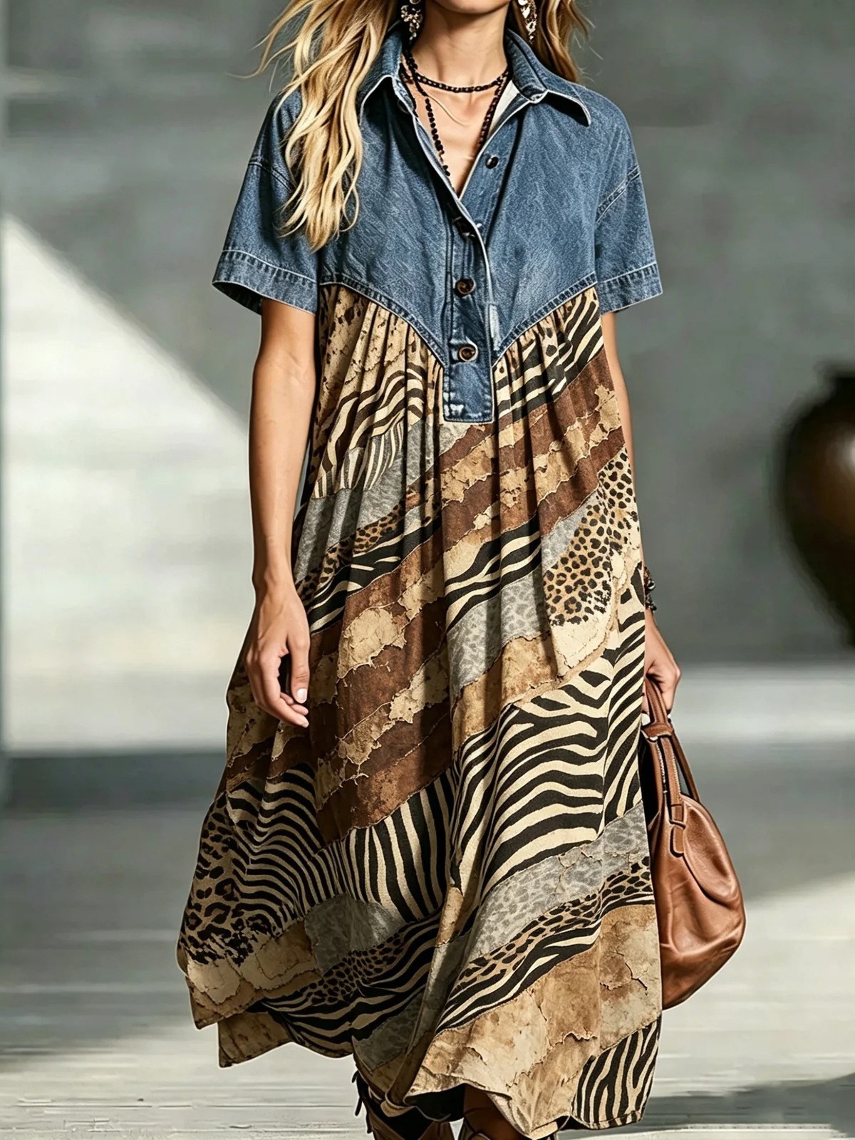 QUEENWAY | Denim Patchwork Loose-Fitting Retro Print Dress