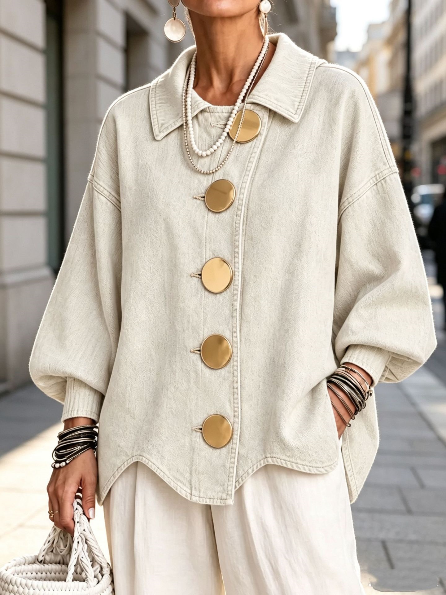 QUEENWAY | Collared Oversized Denim Jacket With Large Metal Buttons