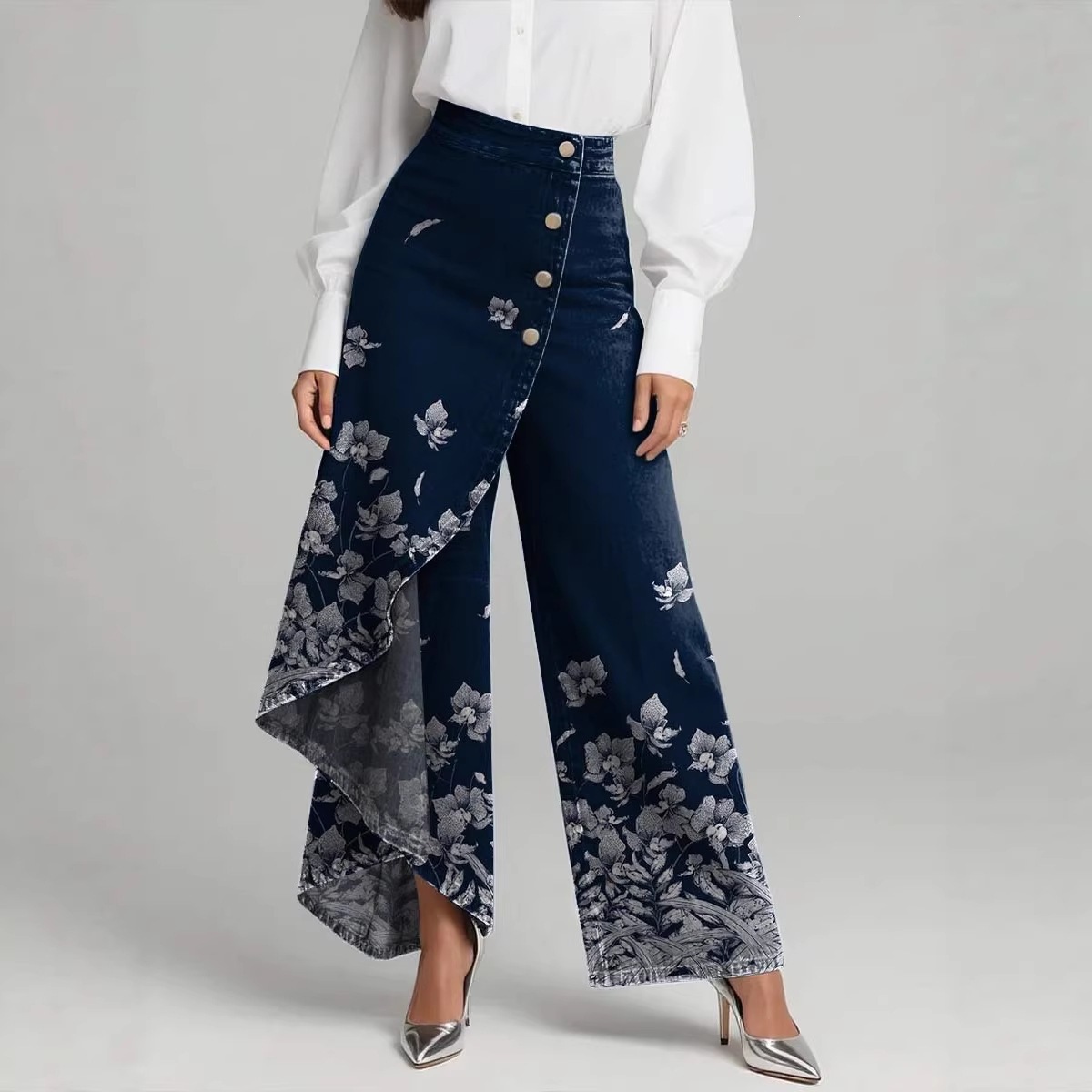 QUEENWAY | Women's Vintage Flower Patterns Print High-waisted Relaxed Fit Wide-leg Jeans With A Stylish Design