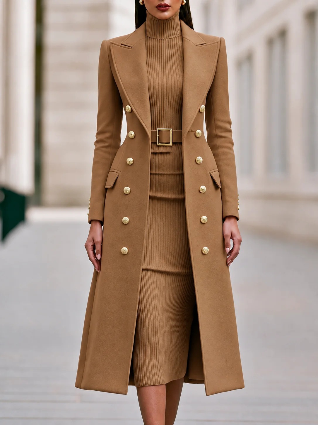 QUEENWAY | Two-Piece Set: Slim-Fit Double-Breasted Wool-Blend Long Coat & Belted Knit Dress