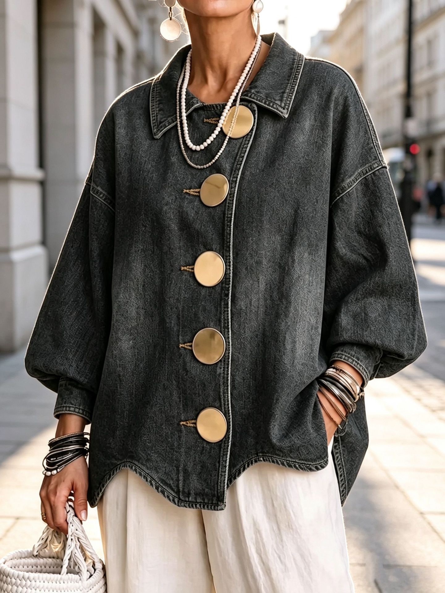 QUEENWAY | Collared Oversized Denim Jacket With Large Metal Buttons