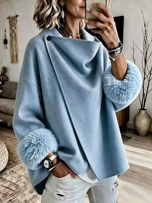 QUEENWAY | Cozy Faux Fur Cuff Asymmetric Wool-Blend Jacket