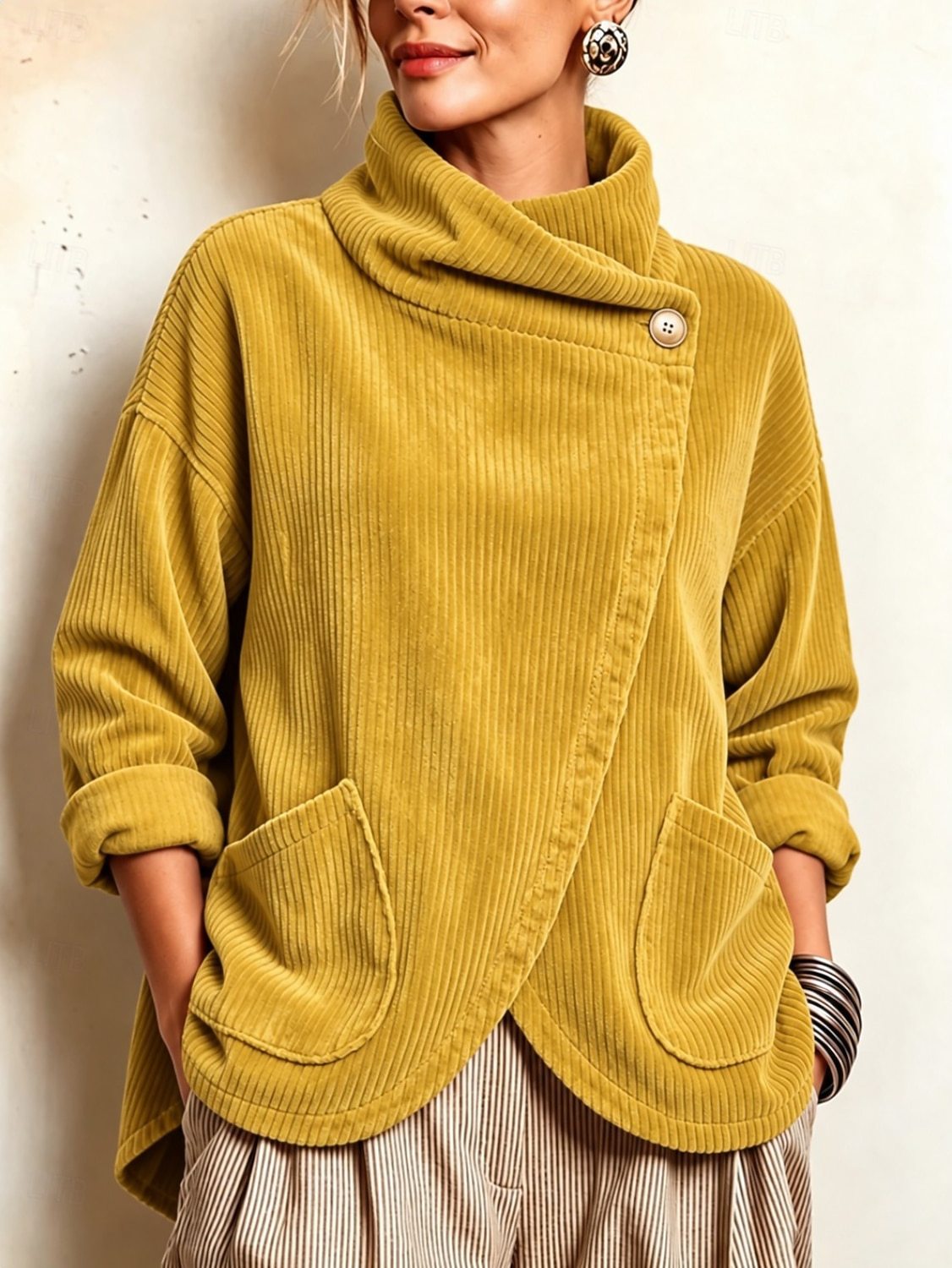 QUEENWAY | Cozy Asymmetric Button-Accented Corduroy Top