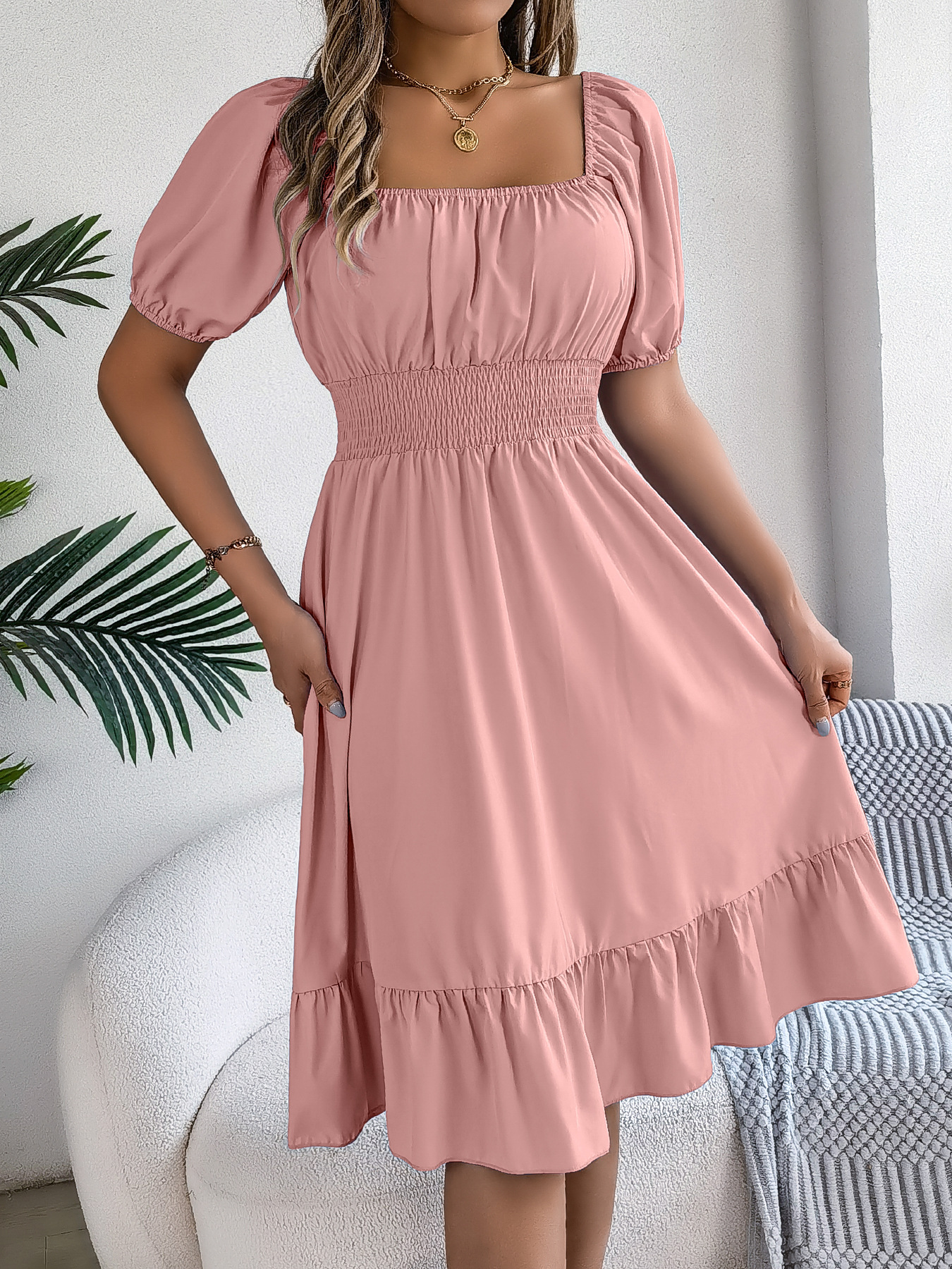 QUEENWAY | Smocked Square Neck Ruffled Midi Dress