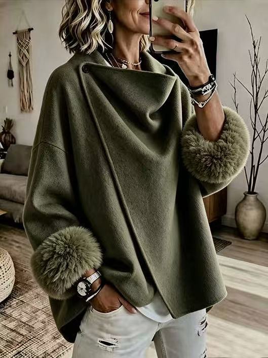 QUEENWAY | Cozy Faux Fur Cuff Asymmetric Wool-Blend Jacket