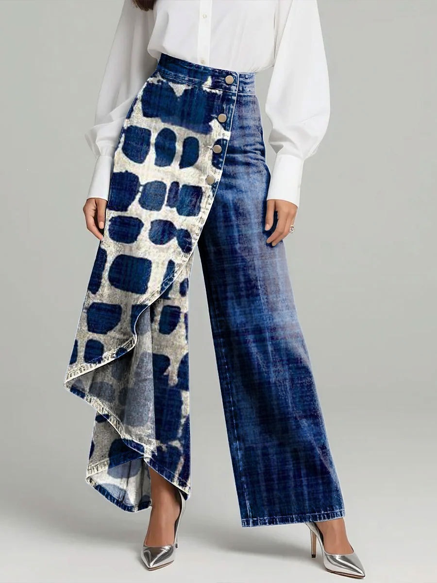 QUEENWAY | Women's Vintage Flower Patterns Print High-waisted Relaxed Fit Wide-leg Jeans With A Stylish Design