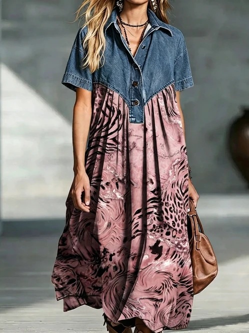 QUEENWAY | Denim Patchwork Loose-Fitting Retro Print Dress