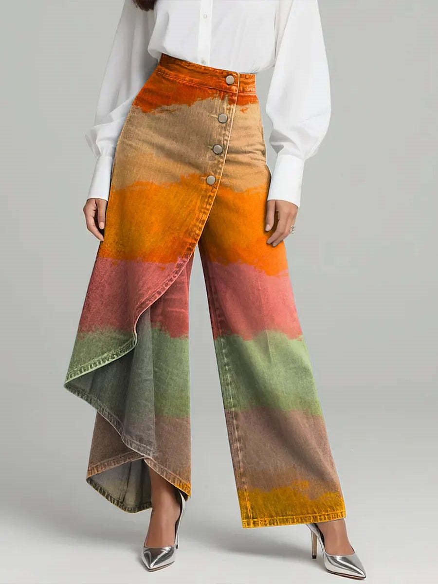 QUEENWAY | Women's Vintage Flower Patterns Print High-waisted Relaxed Fit Wide-leg Jeans With A Stylish Design